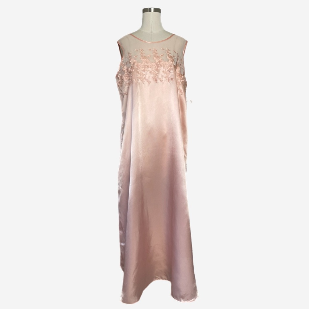 Vintage 90s NWT Parisian Intimates Peach satin sheer floral embroidered slip L